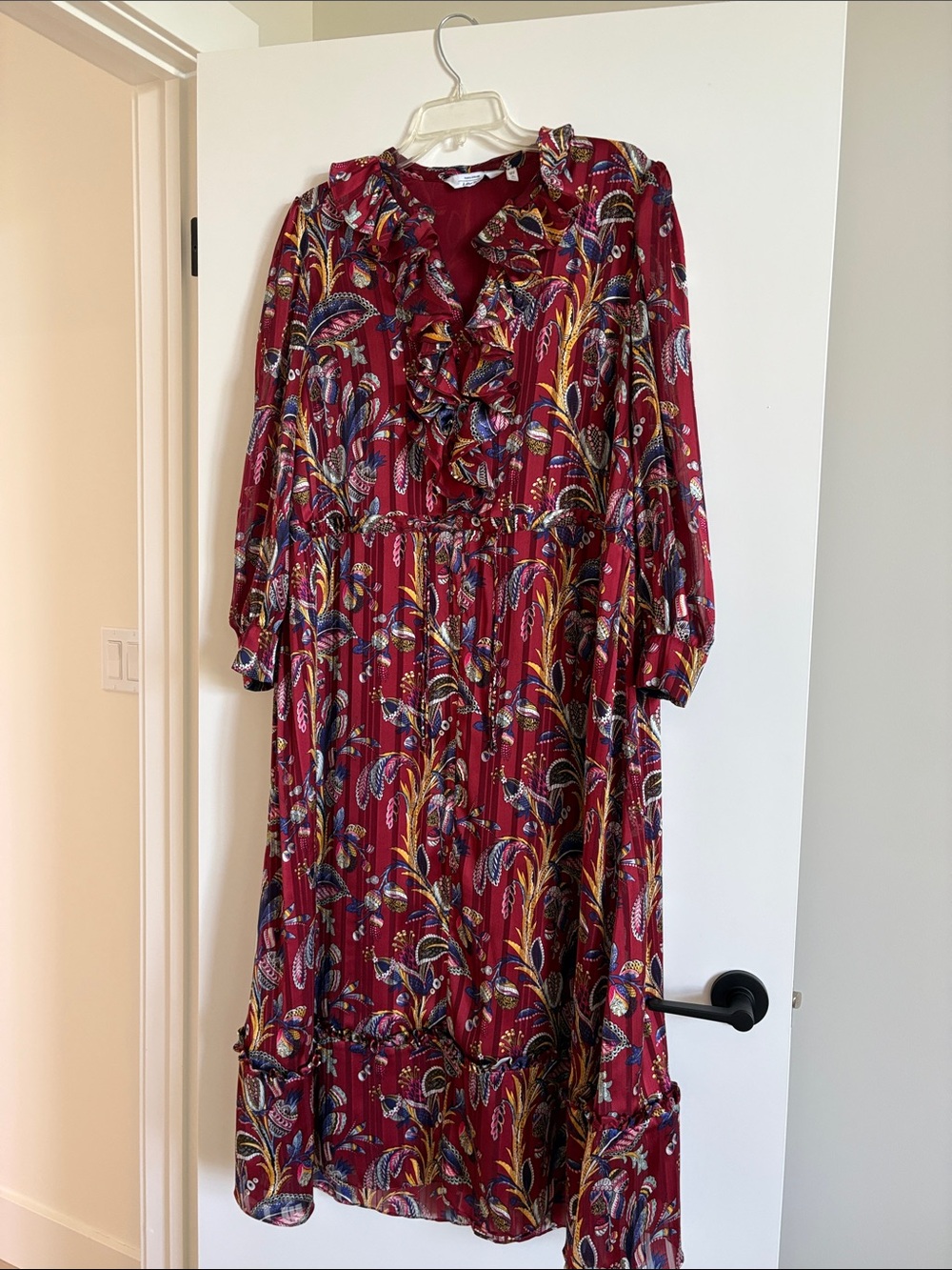 & Other Stories Burgundy Floral Ruffle Midi Dress